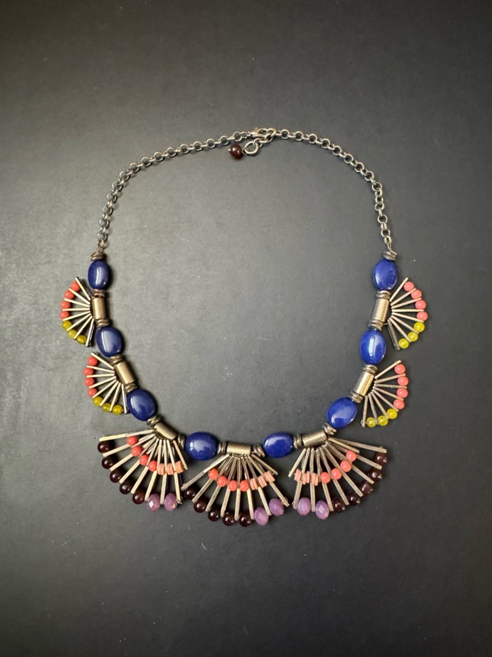 Anthropologie Blue, Coral & Yellow Fan Fringe Necklace